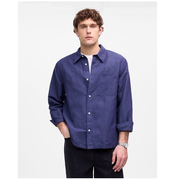 Madewell Cotton-Linen Blend Button-Up Shirt in Dark Indigo - Size L - NWT - Picture 1 of 10